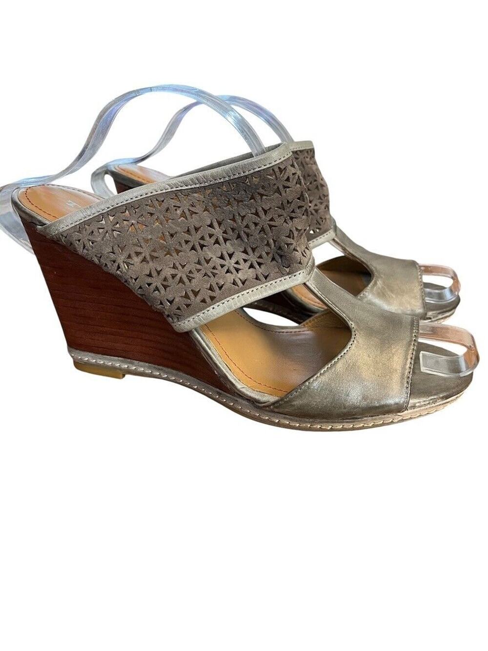 Trask Payton Leather Perforated Slip On Sandals Wedge Waxed Gray Shoes sz 9.5